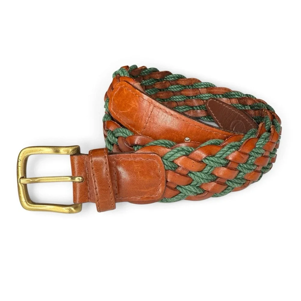 Canali Braided Leather Belt Size 38 Brown Green Made In Italy Gold Buckle